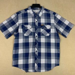 Orvis Mens L Button Up Shirt Short Sleeve‎ Blue Plaid Pockets Lightweight